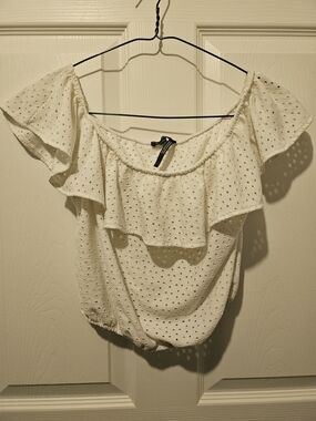 Dynamite Cream Off-Shoulder Eyelet Ruffle Crop Top